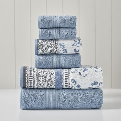 Modern Threads Juego de 6 Toallas de Lana teñida Jacquard/Solid Azul Ophelia
