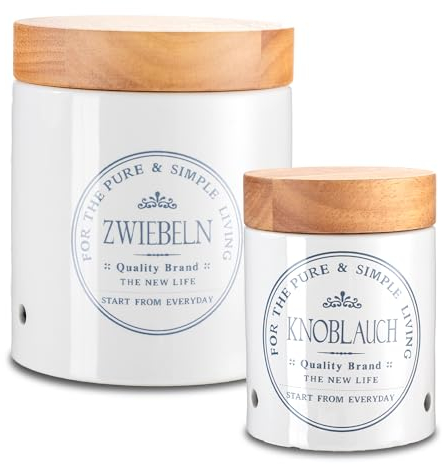 KHG Zwiebel- & Knoblauch Aufbewahrung, Vorratsdosen Keramik Steingut Weiß Holz-Deckel Bambus rund, Vintage Landhaus Stil, Zwiebeltopf & Knoblauchtopf Set, glänzend, beschriftet