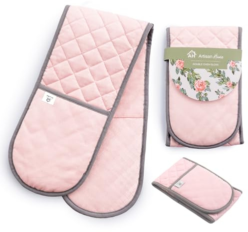 Rose Pink Double Oven Gloves Heat Resistant Silicone Oven Mitts Pair | Non-Slip Silicone Oven Gloves Double Oven Mitt | Machine Washable Thick Potholders Home & Kitchen Accessories.