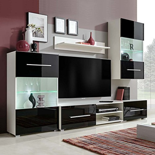 Festnight Conjunto de Muebles de salón 5 Piezas con iluminación LED, Juego de Muebles de salón, Comedor Mueble, Mueble Television, Conjunto TV Salon Negro y Blanco