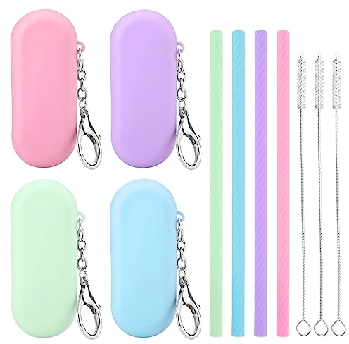 cobee 4 Set Kit di Cannucce Riutilizzabili in Silicone, Pieghevoli Portatili Scatola Portaoggetti Colorata Portachiavi per Viaggio Cannucce Spazzola per Pulizia per Bubble Tea, Bevande Fredde/Calde