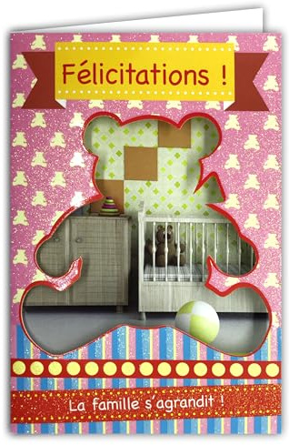 AFIE 66-1017-B Carte Félicitations Naissance ou Adoption Bébé Fille avec Paillettes et Enveloppe Rose 12x17,5cm La famille s'agrandit Découpe Perforation en forme de Nounours Ours en Peluche