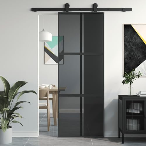 Hovothy Puerta Interior Vidrio Templado y Aluminio Negro y Transparente Oscuro 76x205 cm Diseño Delgado Puerta Corredera Casa Estructura de Metal Robusto Puerta de Granero Seguro Fácil Limpieza