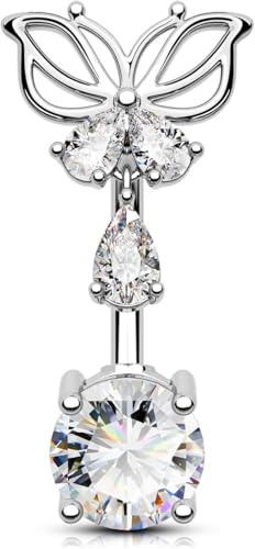 OUFER 14G Reverse Bauchnabelpiercing Schmetterling Bauchnabel Bars Bauchpiercing Schmuck Chirurgenstahl CZ Dangle Nabel Ringe 10 mm Silber Barbell für Frauen Geschenk
