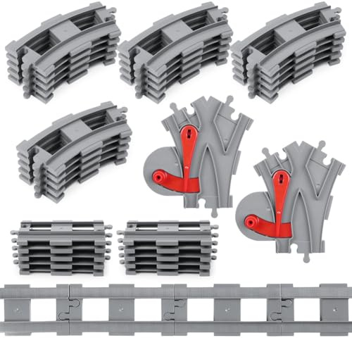 HOTUT 32 PCS City Train Tracks, City Railway Rail Set, Toy Train Track Extension Pack, Toy Railway Railsfor Train with All Major Brand - 10 Straights, 2 Change Track, 20 Curved Rails