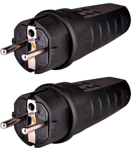 Spina in Gomma, Spina 230V, 16A, IP44, Spina Antirottura, Spina Impermeabile, Spina Schuko con Contatto di Terra, Spina Schuko, Spina con Contatto di Terra con Pressacavo, 2 Pezzi (Nero)