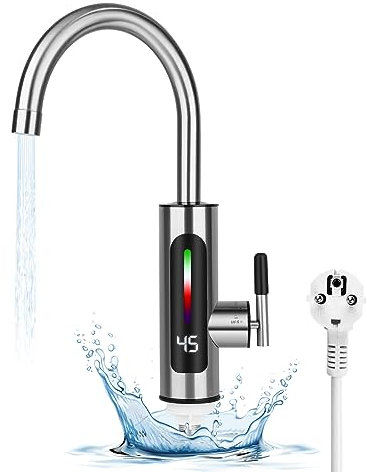 Robinet chauffant électrique en acier inoxydable, Rotatif à 360° Robinet d'eau Chaude électrique Instantané, 3000W Affichage de la Température LED, Chauffe-eau pour Cuisine et Salle de Bain