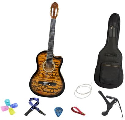 Akustikgitarre, Konzertgitarre, Vintage-Zupfinstrument, Folk-Gitarre, Fichtenholz-Kerbgitarre für Prüfungen, Auftritte, Anfänger, Helles Gelb