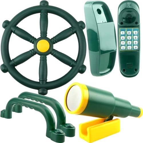 5 Pcs Kids Playground Accessories Outdoor Plastic Steering Wheel Phone Telescope Telephone Safety Handle for Kids Playhouse Jungle Gym Backyard Tree House (Green Set 1)