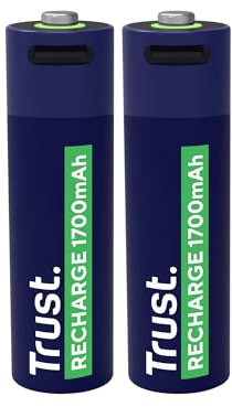 Trust Pilas Recargables AA USB-C 2 Piezas, Puerto USB-C Integrado, No Necesita Cargador de Batería, Alta Capacidad 1700 mAh, Carga con Cable USB/Cargador de Teléfono, Paquete de 2