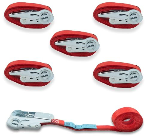 5er Set Spanngurt mit Miniratsche,einteilig, zum Umreifen, DoZurr 700, belastbar bis 700 kg, 25 mm breit x 4 m lang, rot
