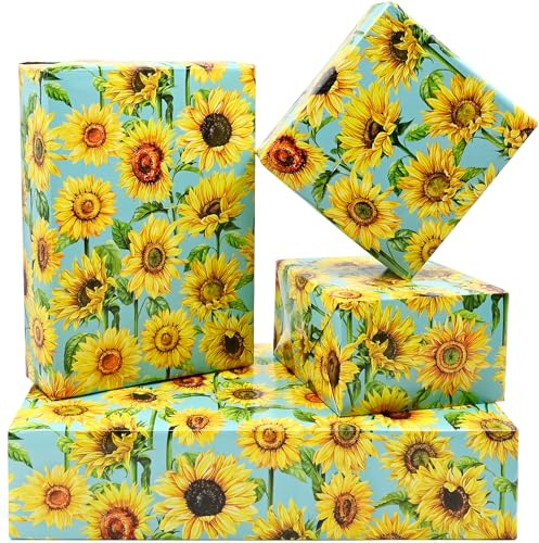 Flower Wrapping Paper,Yellow Sunflower Birthday Wrapping Paper,100% Recyclable ECO Gift Wrapping Paper for Women,Female,Friends, Flowers,Spring Day,Mothers Day（5 sheets）
