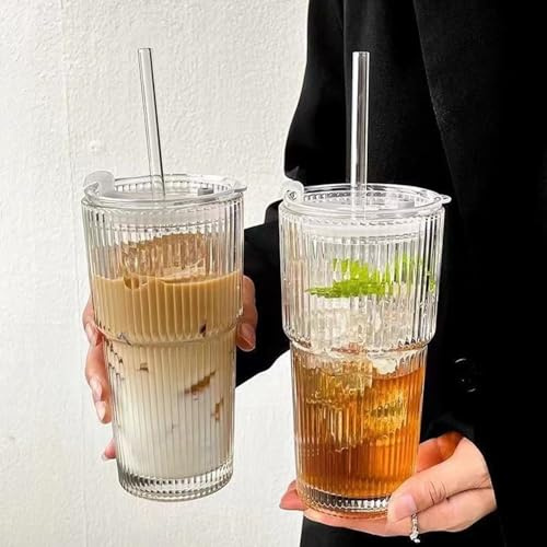 Yoxovo Set med 2 st 600 ml glaskoppar med lock och sugrör, matchaglas, glas för iskaffe, smoothiekopp, lufttät vattentät design kaffemugg, resemugg, glas för iskaffe, dricksglas