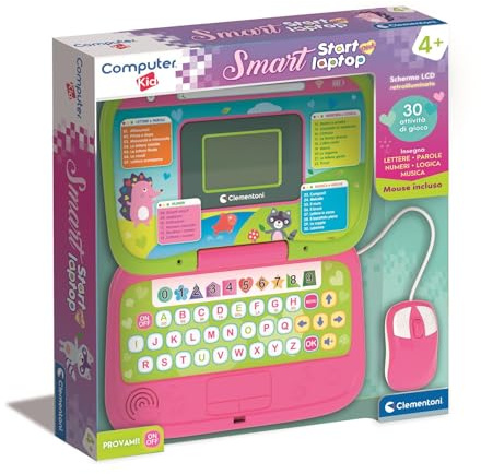 Clementoni - Computer Kid Smart Start Laptop Pink, Gioco Educativo per Bambini 4+ Anni, 30 attività, Impara Lettere, Numeri e Musica, con Mouse, Tastiera, Batterie Incluse, Lingua Italiana, 16883