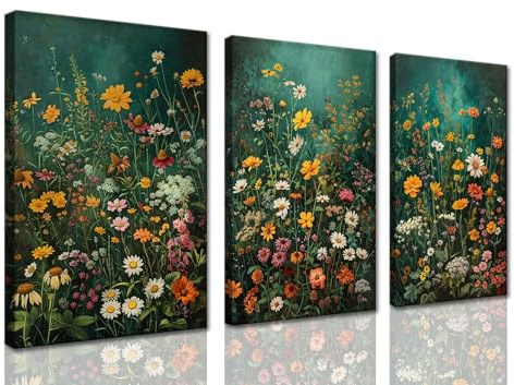 ZQARTZZQ Botanical Floral Canvas Print Framed Wildflower Wall Art Painting Rustic Dark Green Colorful Flower Artwork, Vintage Painting Pictures Set of 3 for Living Room Bedroom Bathroom 12x16in