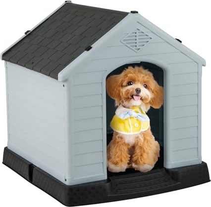 GYMAX Outdoor Hundehütte mit Schrägdach & erhöhtem Boden, Hundehaus aus Kunststoff, Wetterfeste Hundehöhle im Landhausstil (Grau + Schwarz, 72,5 x 66 x 70,5 cm)
