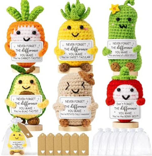 Thank You Gifts for Women 6PCS Positive Crochet Vegetables & Fruits, Employee Appreciation Gifts Emotional Support Crochet Buddies Administrative Professional Day Gift Easter Basket for Women Coworker
