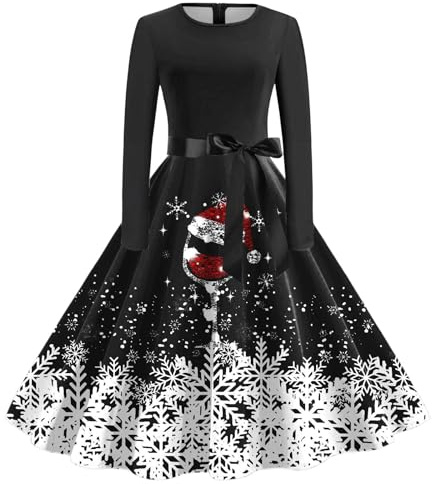 Abito di Natale da donna, rosso, bicchiere di vino, abito da cocktail, linea ad A, a vita alta, abito da ballo, per l'inverno, l'autunno, per Natale, O nero., XL