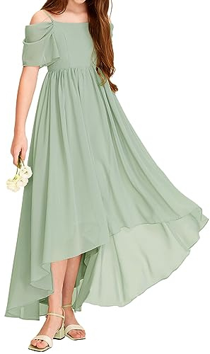 Haloumoning Vestido de niña con hombros descubiertos con volantes, vestido de verano para niños, línea A, monocolor, elegante, vestido de fiesta, boda, cumpleaños, festivo, verde, 9-10 años