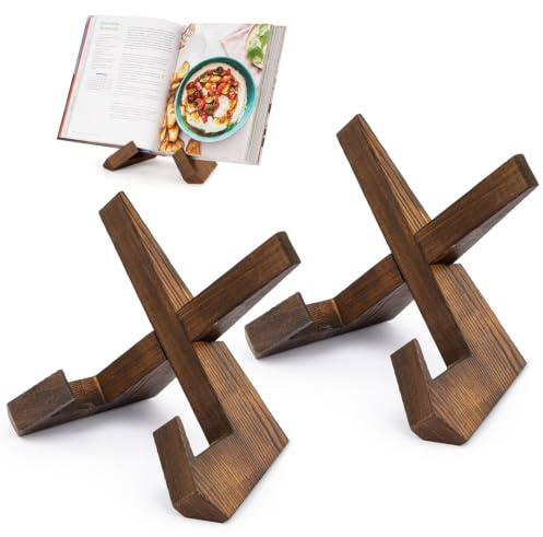 PUERSI Recipe Book Stand for Kitchen, Cookbook Holder for Display Stand | Farmhouse Cookbook Stand for Reading Hands Free, Wooden Recipe Holder for Cooking for Counter - Rustic Brown - 2 Sets