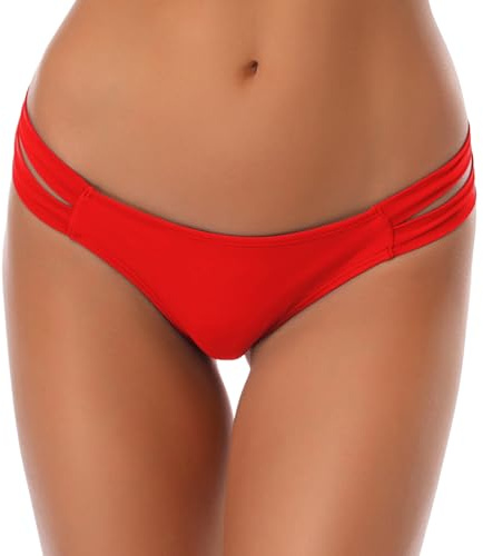 SHEKINI Donna Fashion Stile Bikini Perizoma Nuoto Tronchi Brasiliano Bikini Bottom Sexy Thong Pantaloni Costumi da Bagno Tanga da Donne Vita Bassa Bikini da Spiaggia (Large, Rosso)