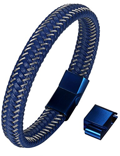 JewelryWe Schmuck Jazz Herren Reines Leder Armband Blau Edelstahl Magnetverschluss Größe einstellbar 8,2 -8,7 (21-22cm) mit Kostenloser Geschenkpackung