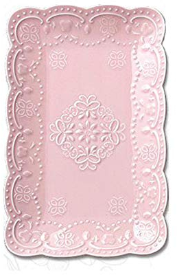 YBK Tech Elegant Rectangle Embossed Lace Plate Bone China Dessert Plate Ceramic Plate for Breakfast Afternoon Tea (Pink, 12-inch)