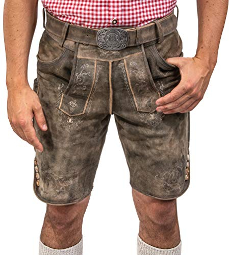 Schöneberger Trachten Couture Herren Lederhose kurz mit Trachtengürtel, traditionelle Vintage Trachtenhose für Oktoberfest aus hochwertigem Wildbockleder, Jakob (52)