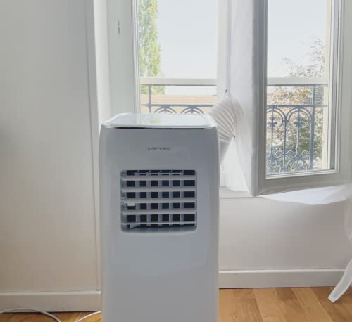 OPTIMEO Kit de calfeutrage fenêtre climatisation mobile, universel, tissu polyester 4M et bande auto-agrippante adhésive 8M, adaptable à tout type de tuyau d’évacuation (beige)