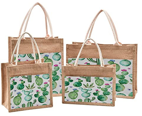 Mnsruu Watercolor Cactus Plant Purple Flower Jute Tote Bags Women Grocery Shopping Bags with Handles for Outdoor Travel 9.8 x 9.8 x 7.1 inches