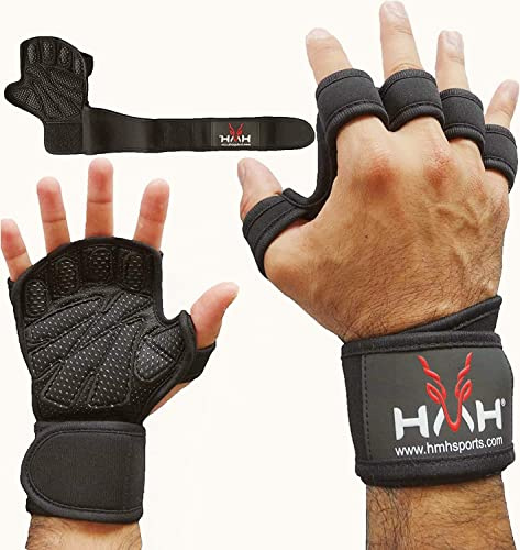 Guanti da palestra di HMH Sport Guanti per sollevamento pesi per uomo Donna con supporto per il polso Palmo imbottito con impugnatura in silicone Guanti da allenamento fitness (L, With Wrist Band)