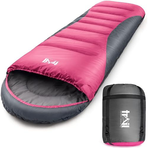 Trail Alpine 400 Hooded Sleeping Bag, 3 to 4 Season Extra Warm Double Quilted 400gsm Hollowfibre Filling, Snug Drawcord Hood, Full Length 2 Way Zipper, Single Adult, Lightweight with Bag (Pink)