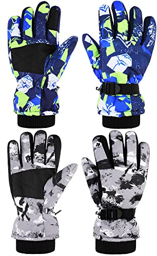 Bencailor 2 Pairs Kids Snow Gloves Boys Winter Youth Ski Boys Waterproof Gloves Youth Toddler Boy for Outdoor Snowboard