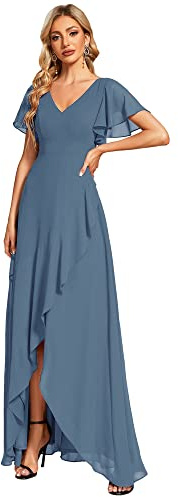 Ever-Pretty Vestido de Fiesta Escote en V Manga Volantes A-línea sin Respaldo Alto Bajo Largo sin Elasticidad para Mujer Cómodo Azul Marino 44