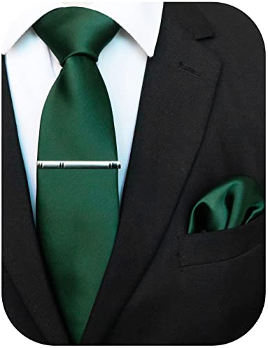 JEMYGINS Ensemble Cravate Homme en Satin Multicolore avec Pinces à Cravate et Carré de Poche Assortis Vert foncé 2