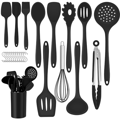 Joyfair - Set di 25 utensili da cucina in silicone, antiaderenti, resistenti al calore, con supporto per utensili e gancio a S, lavabile in lavastoviglie, colore: nero