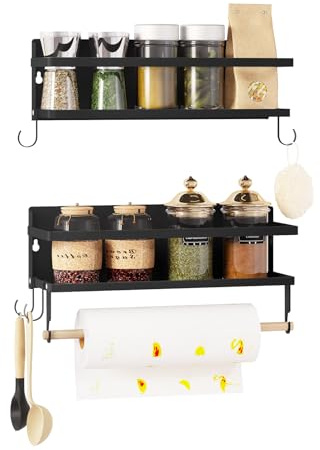 WOLTU Portaspezie da Cucina da 2 Pezzi, Mensole da Muro per Cucina, Mensole Nere con 4 Ganci Rimovibili e 1 Portarotolo, Portaspezie da Parete per Bagno, Soggiorno, in Metallo
