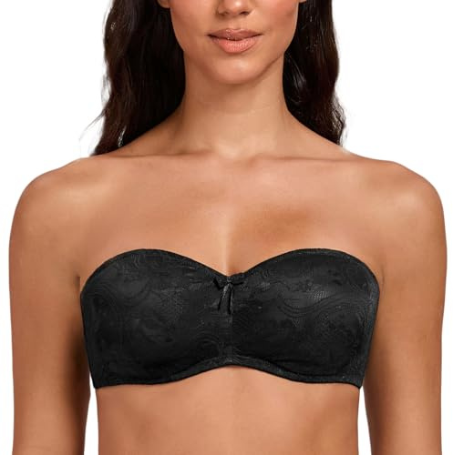 MELENECA Soutien-Gorge Bandeau Femme sans Armatures, Dentelle Transparente Effet Minimizer & sans Bretelles Noir 95D