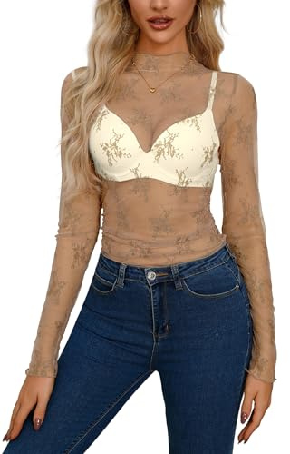 Top sexy da donna in rete trasparente maglietta mesh, cachi, M
