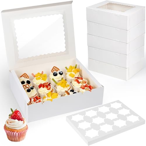 Gaethra Boite Gateau Carton 10 Pièces, Boite a Gateau en Papier Kraft Blanc avec Fenêtre Transparente, Boite Cupcakes 12 Trous Pour Biscuits, Muffins, Gâteaux, Chocolats et Emballage de Cupcakes