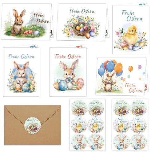 LETSHOLD 12er Osterkarten mit Umschlag Deutsch, Osterkarten Aufklappbar, Frohe Ostern Postkarten mit Osterhase und Ostereier, 6 Unterschiedliche Motive je 2 Stück (A)