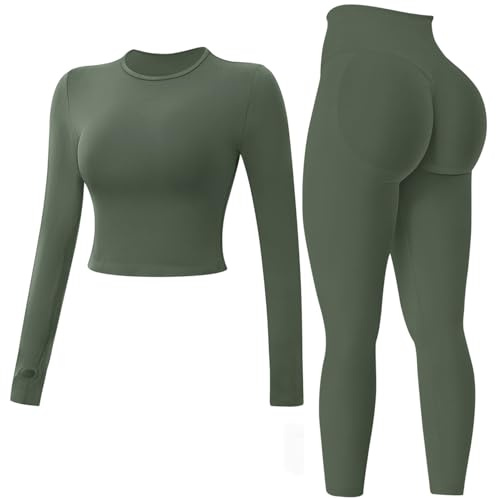 Seamless Gym Sets for Women 2 Piece Long Sleeve Top Hidden Scrunch Leggings Yoga Outfits Tracksuit