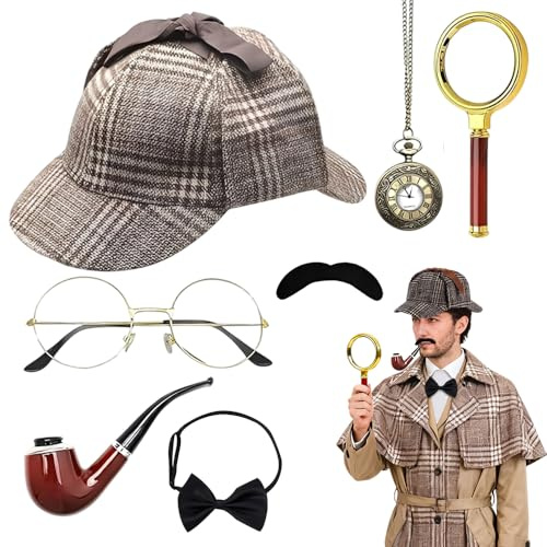 Weciau Set di Accessori per Costume da Detective, 7 Pezzi Accessori per Costume da Sherlock Holmes con Cappello da Detective, Detective Cosplay per Bambini, Adulti, Halloween, Carnevale, Halloween