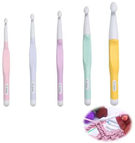 5 Aiguilles à Crochet Ergonomiques Plastique Manche TPR 8-20mm Tricoter | Grandes Têtes 8 10 12 15 20mm Pulls Écharpes, Mains Arthritiques, Confort Prolongé, Léger Pratique, Facile Utiliser