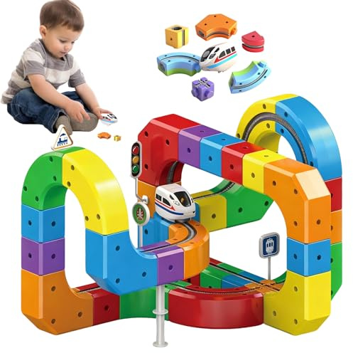 Circuito magnético de trenes eléctricos, trenes eléctricos para niños, circuito de coche eléctrico con rieles modulares | Juego de construcción de 3+ años | Regalo educativo STEM para niños (81Pcs)
