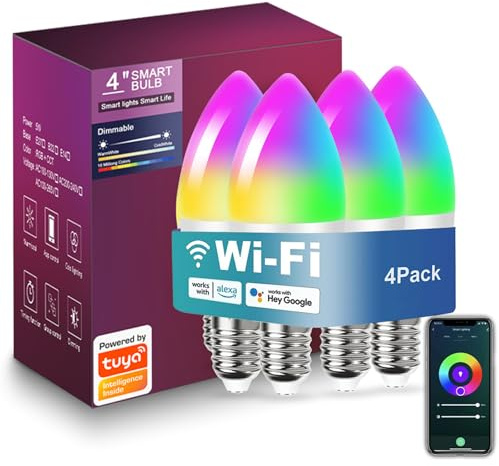 LEDGUHON 4 Sets E14 5W RGBCC smart Light Bulbs with Adjustable Color Temperature Compatible with Alexan Google Assistant, 14MM Small Base Candle Light Suitable for Parties or Home Decoration