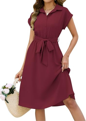 HEEKPEK Summer Dresses for Women Elegant V Neck Button Midi Dresses Casual Short Sleeve Shirts Dress with Pockets for Ladies Solid Color