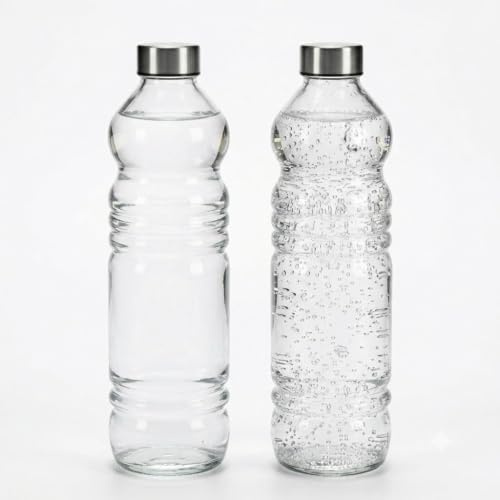 Set 2 Bottiglie in Vetro Trasparente 1,1 Litri con Tappo a Vite in Metallo Bottiglie da Tavola per Acqua Liscia e Gassata Misure 8x8xH31 cm Uso Domestico e Ristorazione Horeca PROFESSIONALE
