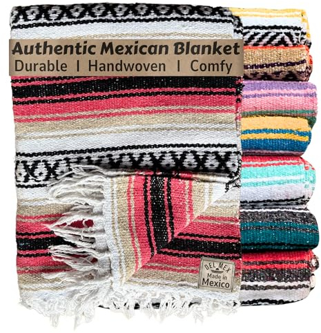 Del Mex Classic Mexican Blanket, Large Authentic Woven Falsa Throw (70x50), Artisan Southwest DΓ©cor for Beach, Yoga, Outdoors (Pink/Tan)