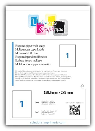 500 feuilles de 1 ÉTIQUETTE EXPÉDITION 199.6 x 289.1 autocollante blanche - feuilles A4 - papier adhésif avec Étiquette adhésive 199x289 adhésif permanent pour imprimante jet d'encre et laser